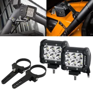 4 inch Classic-SM Series Dual Row LED Pod Lights Spot/Flood Beam & 2.5 Inch Bull Bar Roll Cage Clamps Mounting Brackets Combo for Jeep Off-Road SUV ATV UTV Trucks