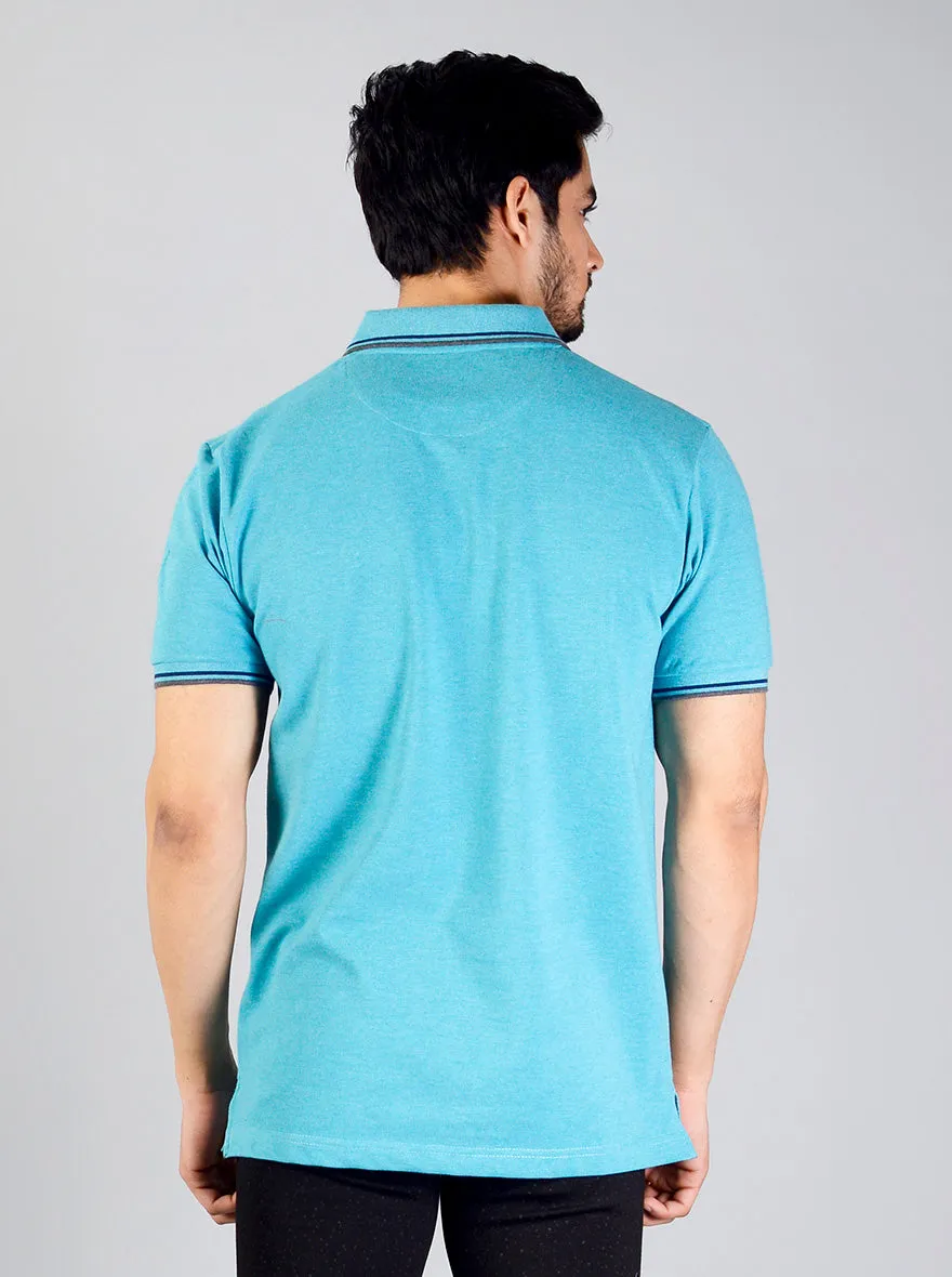 Aqua Blue Solid Slim Fit Polo T-shirt | Greenfibre