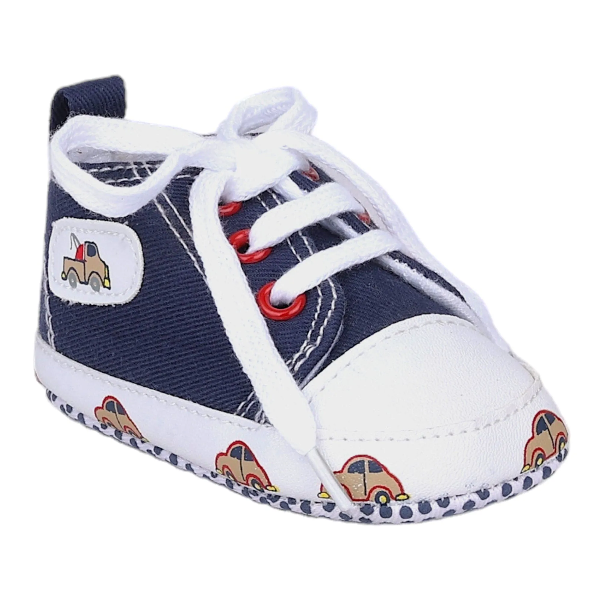 Baby Moo Car Printed Lace-Up Design Anti-Skid Denim Sneakers - Blue, White