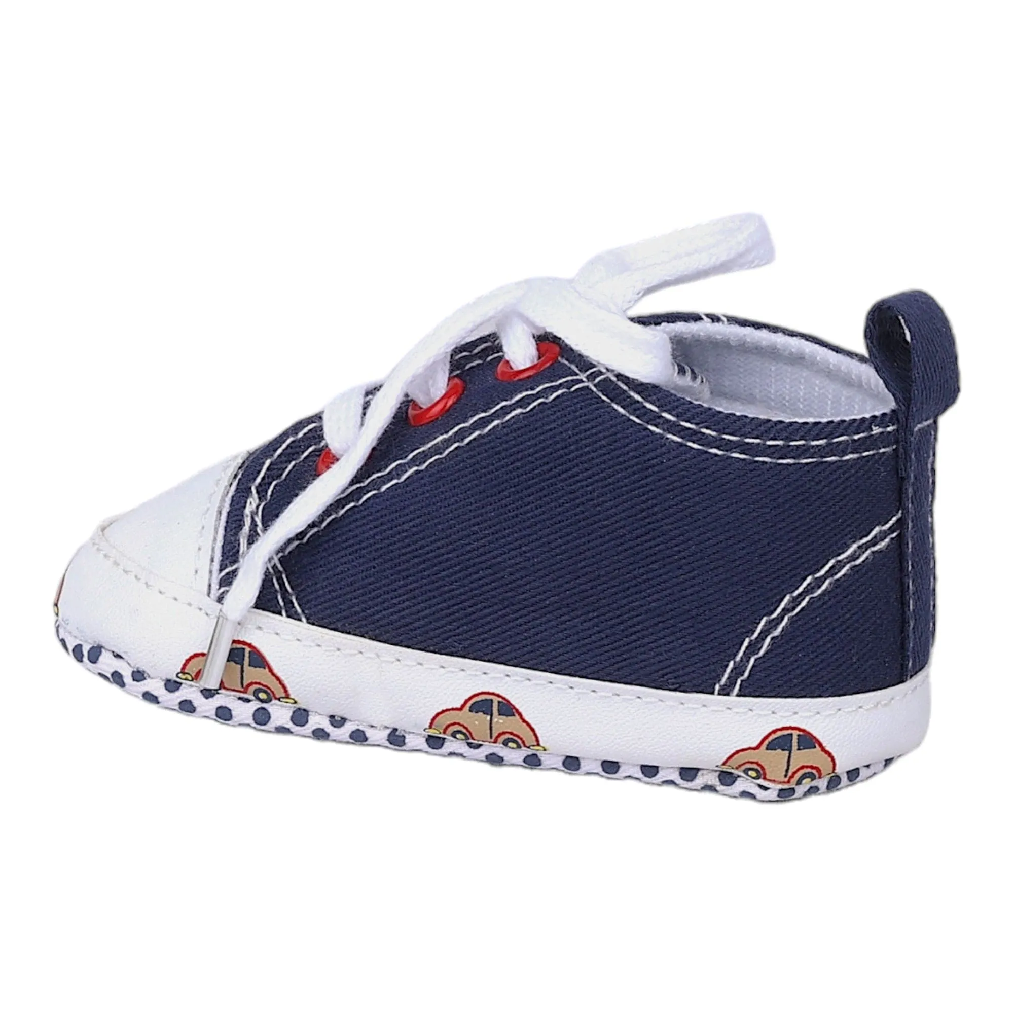 Baby Moo Car Printed Lace-Up Design Anti-Skid Denim Sneakers - Blue, White