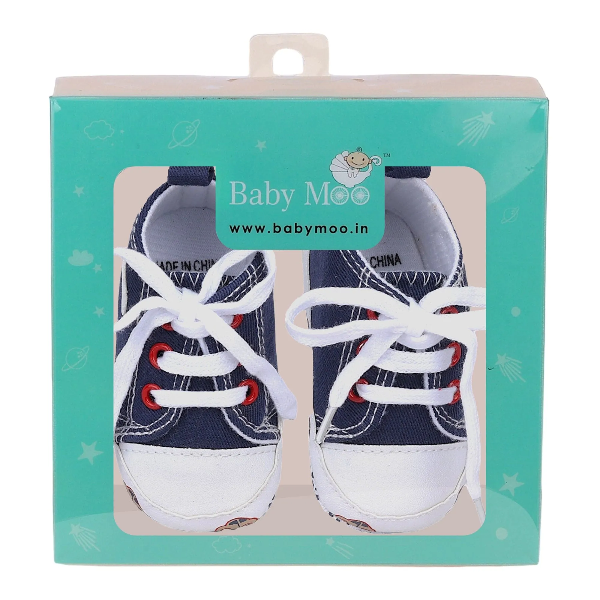 Baby Moo Car Printed Lace-Up Design Anti-Skid Denim Sneakers - Blue, White