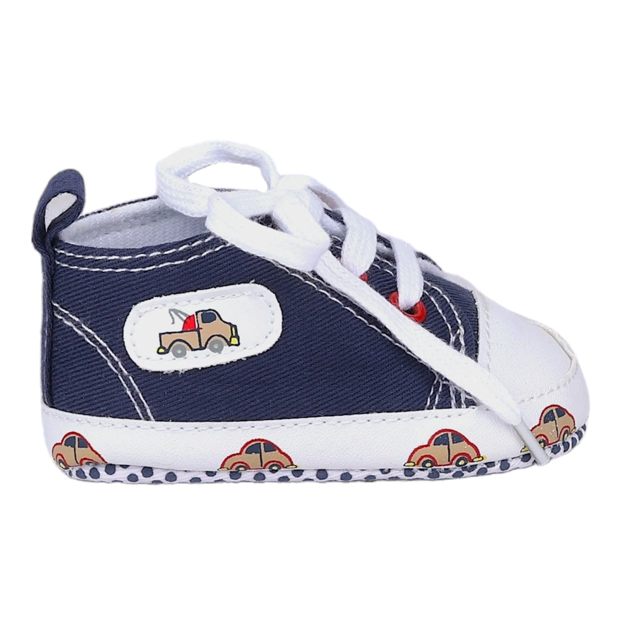 Baby Moo Car Printed Lace-Up Design Anti-Skid Denim Sneakers - Blue, White