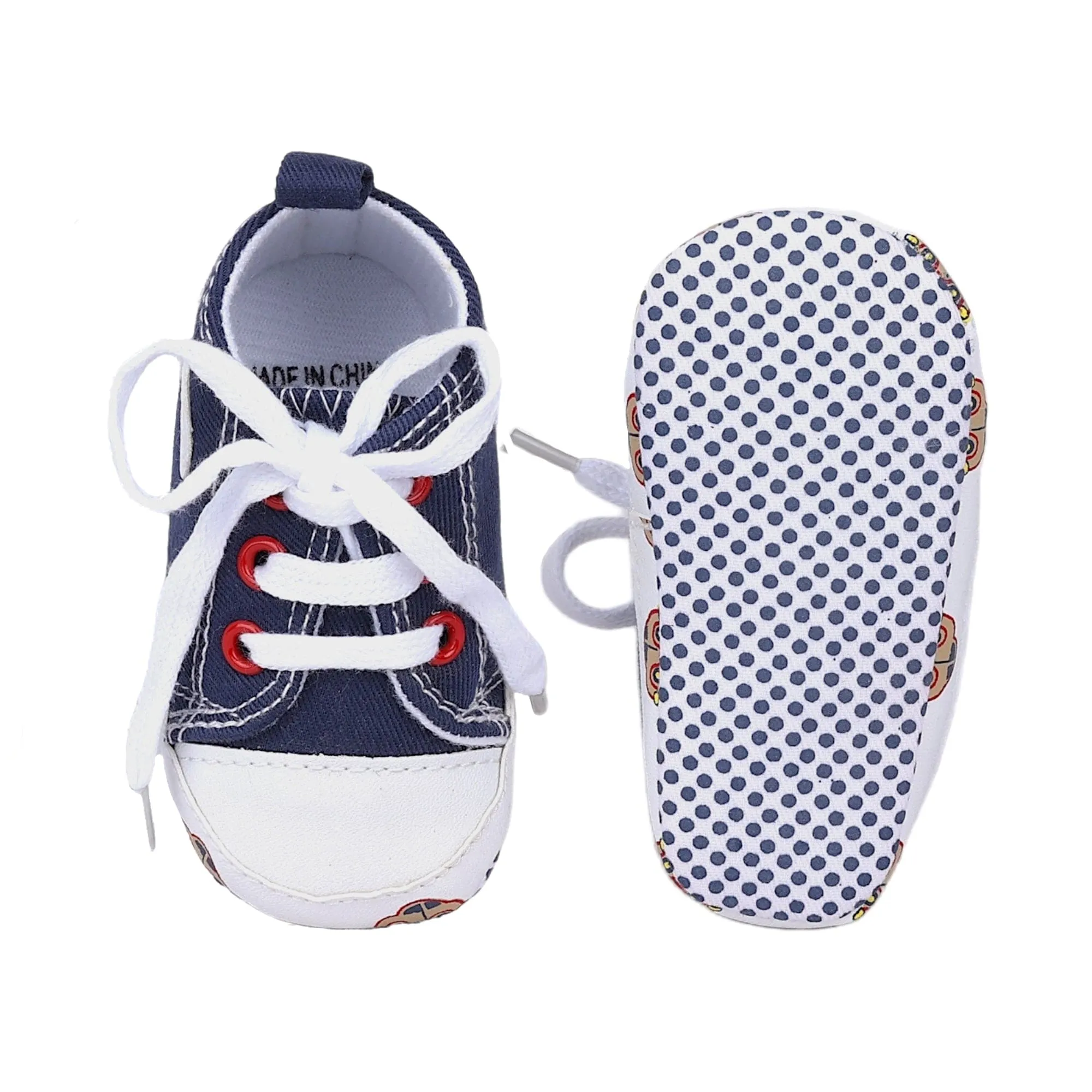 Baby Moo Car Printed Lace-Up Design Anti-Skid Denim Sneakers - Blue, White