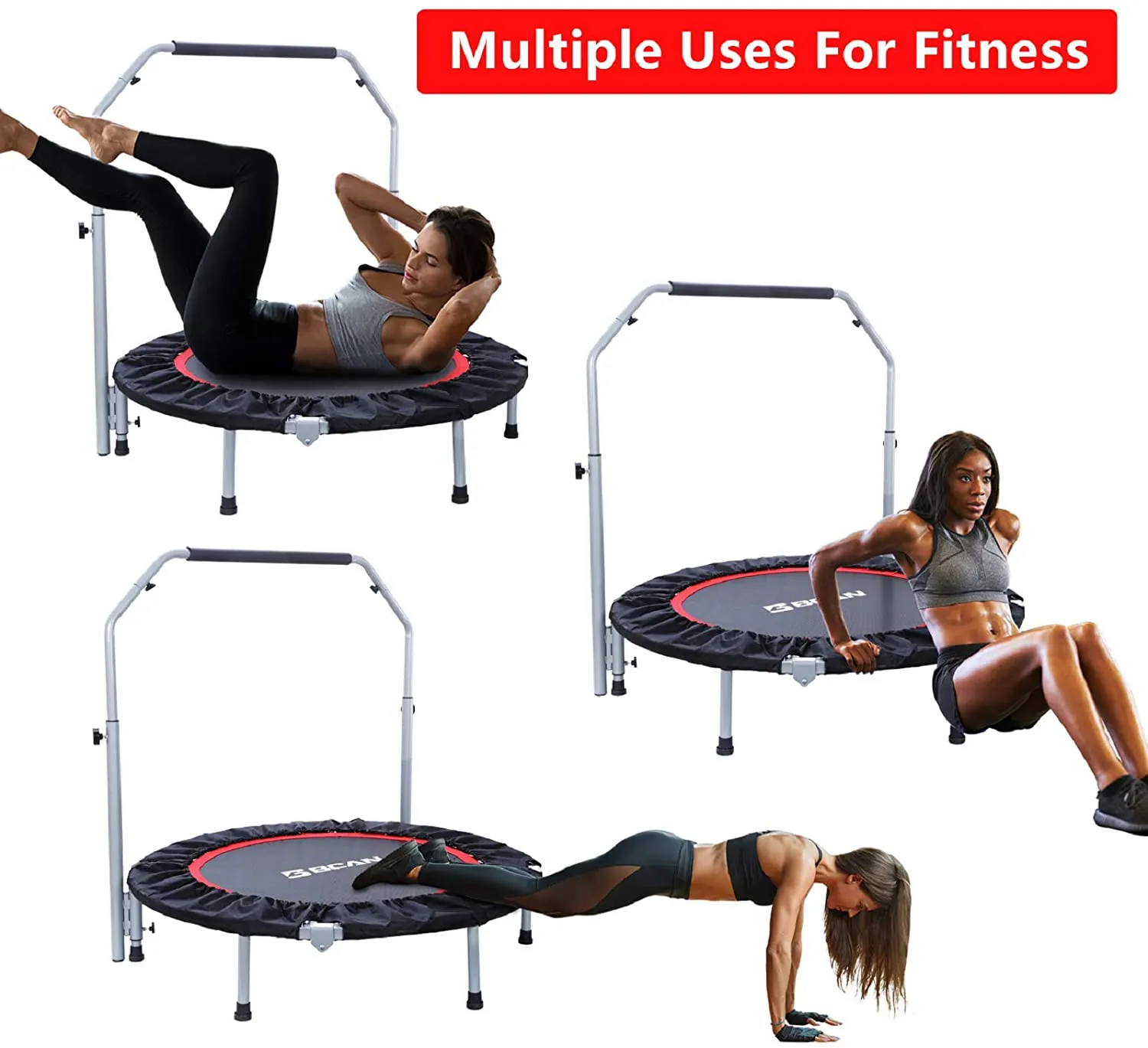 BCAN 40" Foldable Mini Trampoline, Fitness Rebounder with Adjustable Foam Handle, Exercise Trampoline for Adults Indoor/Garden Workout Max Load 330lbs