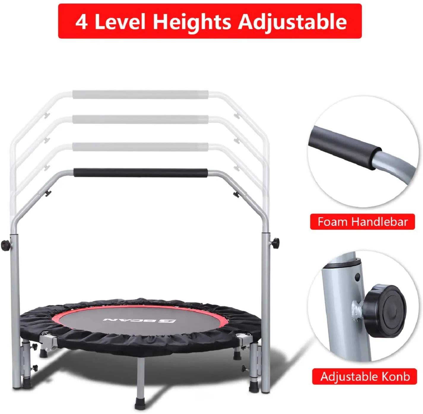 BCAN 40" Foldable Mini Trampoline, Fitness Rebounder with Adjustable Foam Handle, Exercise Trampoline for Adults Indoor/Garden Workout Max Load 330lbs