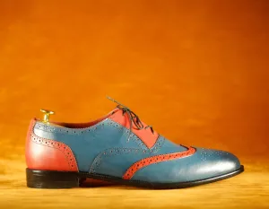 Bespoke Blue Burgundy Leather  Lace Up Shoes,Men's Party Shoes