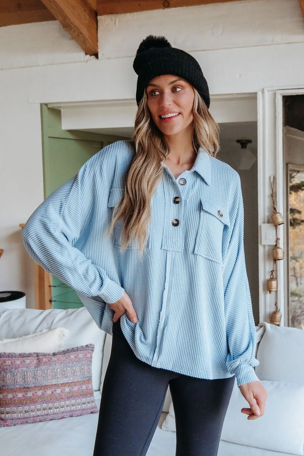 Blue Half Button Up Ribbed Pullover