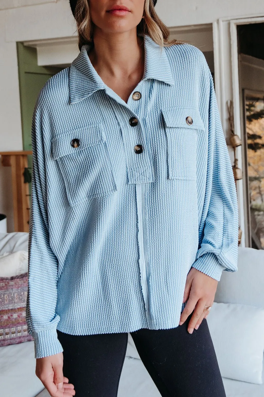 Blue Half Button Up Ribbed Pullover