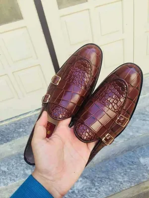 Brown Alligator Double Monk Shoes, Hand Crafted Apron Toe Double Monk Fashion Leather Shoes For Men's