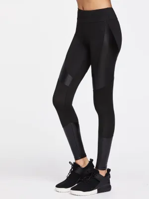 Contrast Pu Cut And Sew Sports Leggings