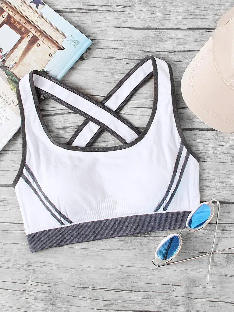 Cross Back Contrast Piping Sports Bra