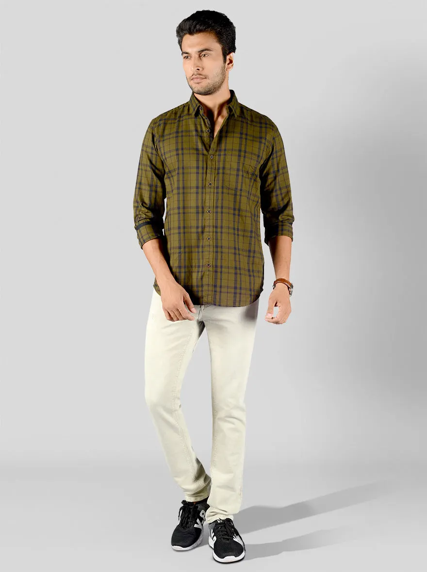 Dark Olive Green Checked Slim Fit Casual Shirt | JadeBlue