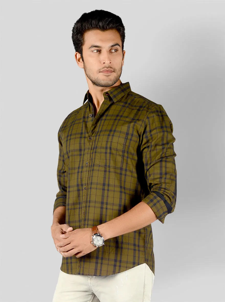 Dark Olive Green Checked Slim Fit Casual Shirt | JadeBlue