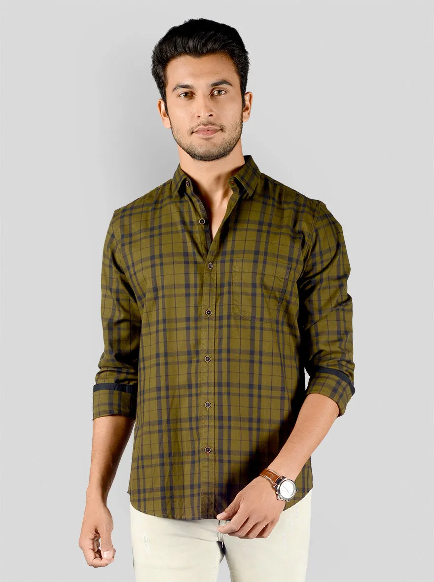 Dark Olive Green Checked Slim Fit Casual Shirt | JadeBlue