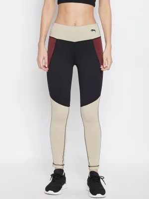 JUMP USA Women Black/Wine/Safari Colorblocked Activewear Gym Tights