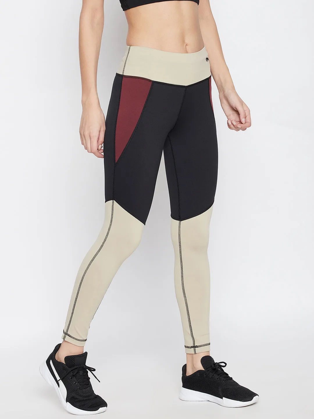 JUMP USA Women Black/Wine/Safari Colorblocked Activewear Gym Tights