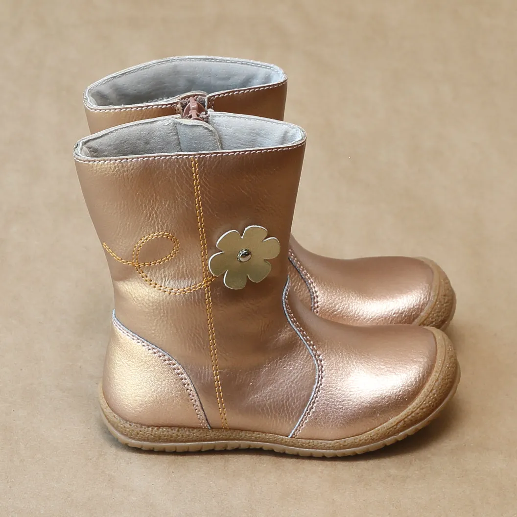 L'Amour Girls Rosegold Posy Flower Leather Mid Boot