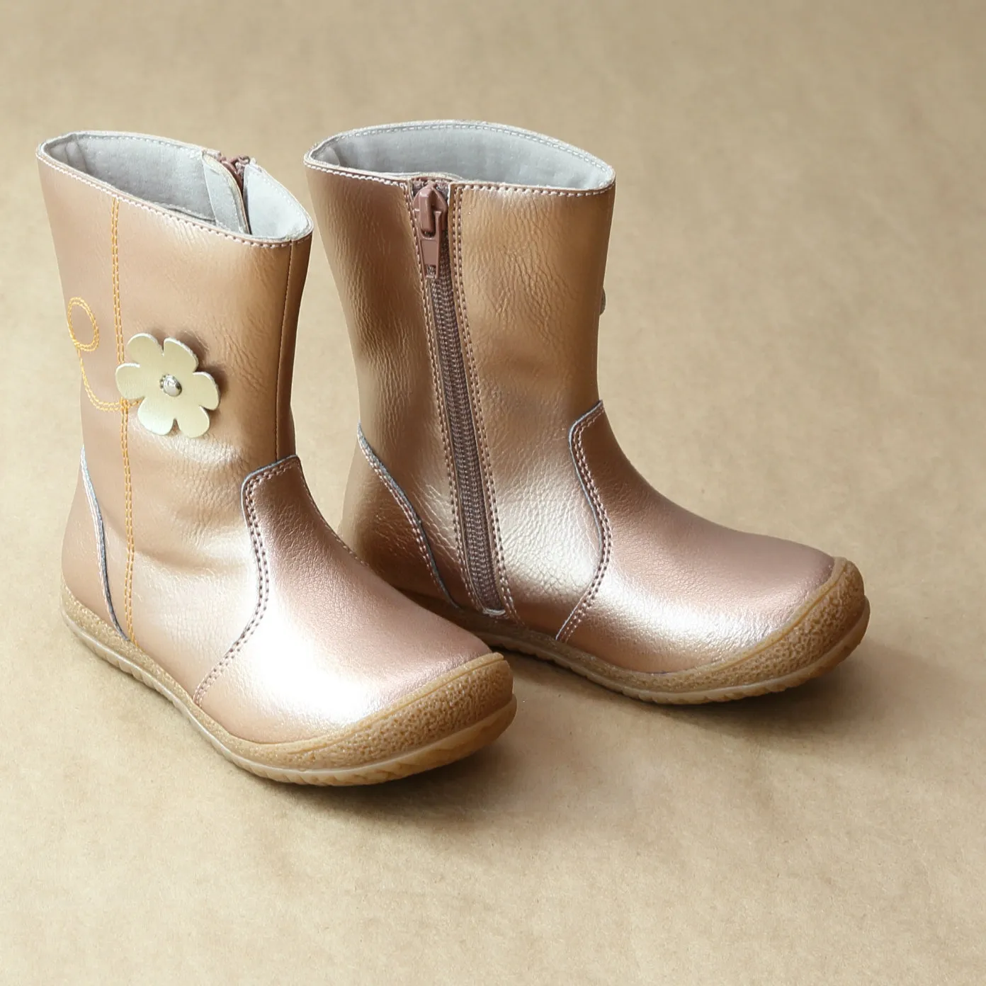 L'Amour Girls Rosegold Posy Flower Leather Mid Boot