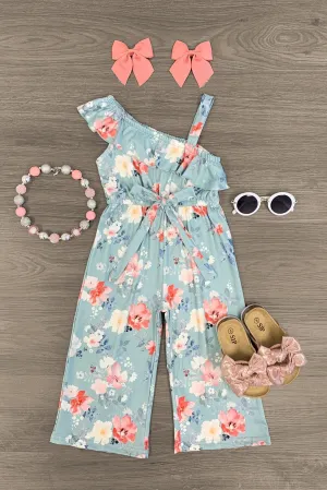 Light Blue One Shoulder Floral Jumpsuit