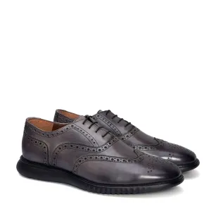 Light Weight Collection Grey Leather Brogue Shoe with Flat Cushioned Sole