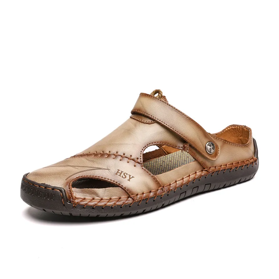 Men Large Size Hand Stitching Soft Outdoor Closed Toe Leather Sandals