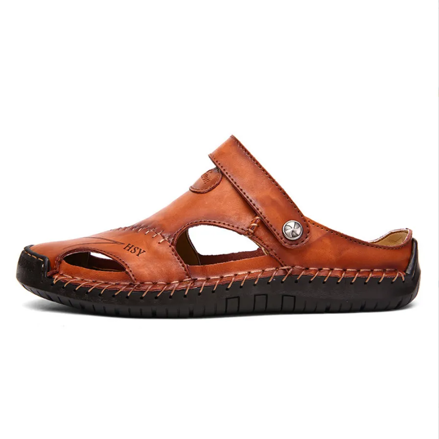 Men Large Size Hand Stitching Soft Outdoor Closed Toe Leather Sandals