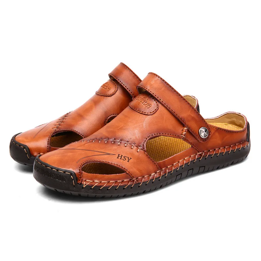 Men Large Size Hand Stitching Soft Outdoor Closed Toe Leather Sandals