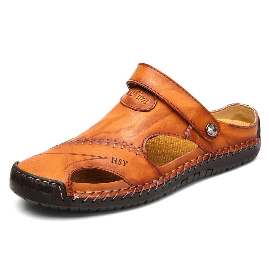 Men Large Size Hand Stitching Soft Outdoor Closed Toe Leather Sandals