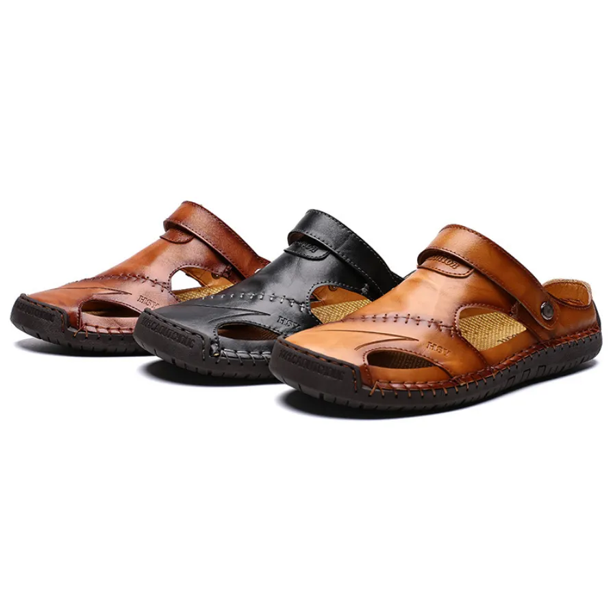 Men Large Size Hand Stitching Soft Outdoor Closed Toe Leather Sandals