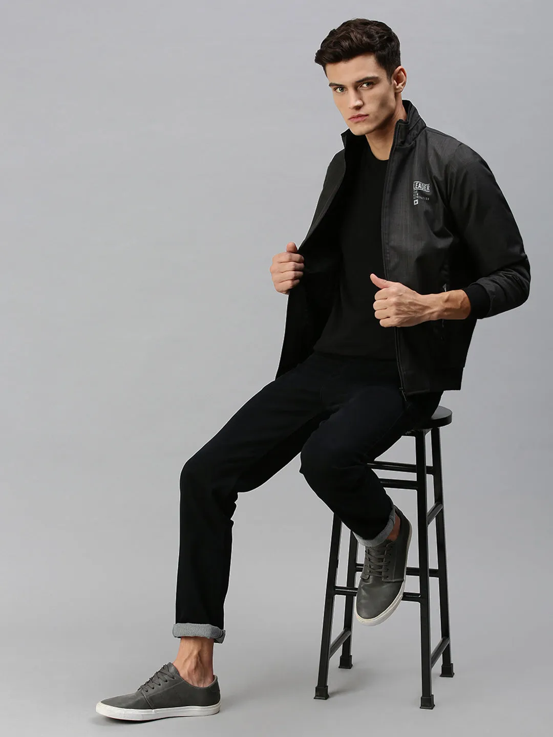 Men Self Design Black Sporty Jacket