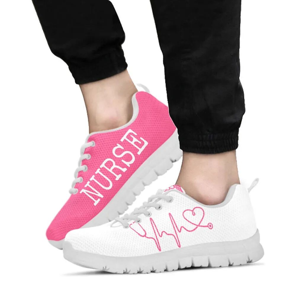 Nurse Sneaker, Nurse Heart Beat Pink White Sneakers Shoes, Best Shoes For Nurses