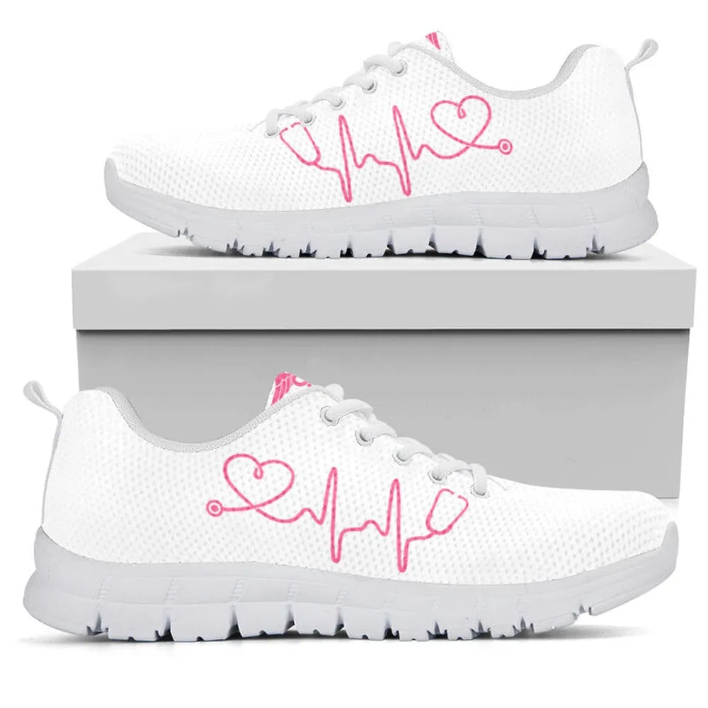 Nurse Sneaker, Nurse Heart Beat Pink White Sneakers Shoes, Best Shoes For Nurses