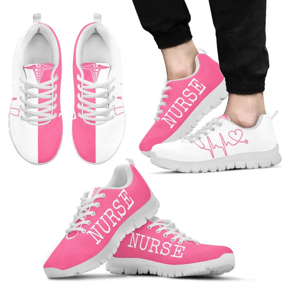 Nurse Sneaker, Nurse Heart Beat Pink White Sneakers Shoes, Best Shoes For Nurses