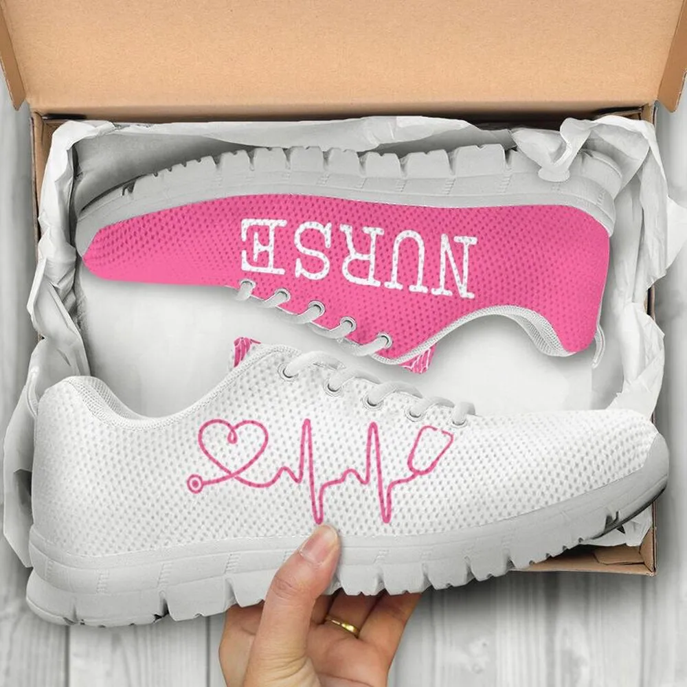 Nurse Sneaker, Nurse Heart Beat Pink White Sneakers Shoes, Best Shoes For Nurses