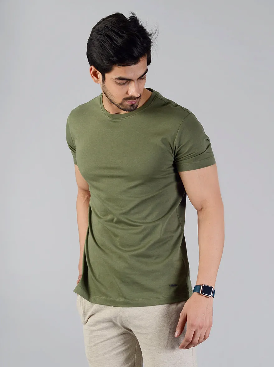 Olive Green Solid Slim Fit T-shirt | JadeBlue