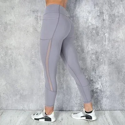 Pocket Solid Sport Yoga Pants High Waist Mesh Sport Leggings Fitness Women Yoga Leggings Training Running Pants Sportswear Women