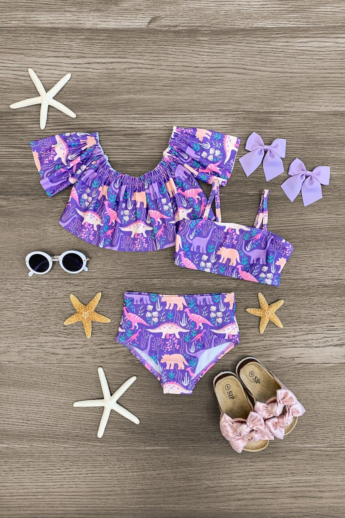 Purple Dinosaur 3-Piece Bikini Set