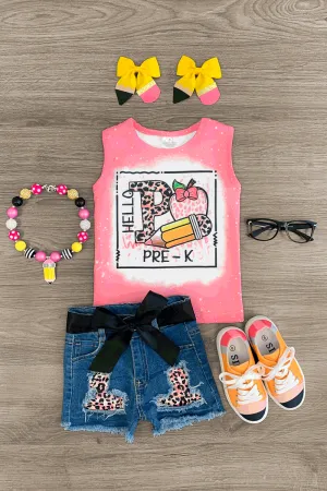 "Hello Pre-K - 3rd Grade" Pink Denim Short Set