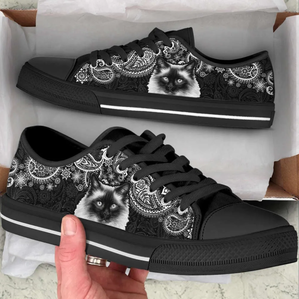 Ragdoll Cat Lover Shoes - Paisley Black White Low Top Canvas Shoes, Cat Canvas Shoes