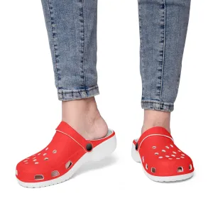 Red Solid Color Slip Ons, Unisex Red Solid Color Fun Cozy Clogs Footwear Sandals For Men or Women