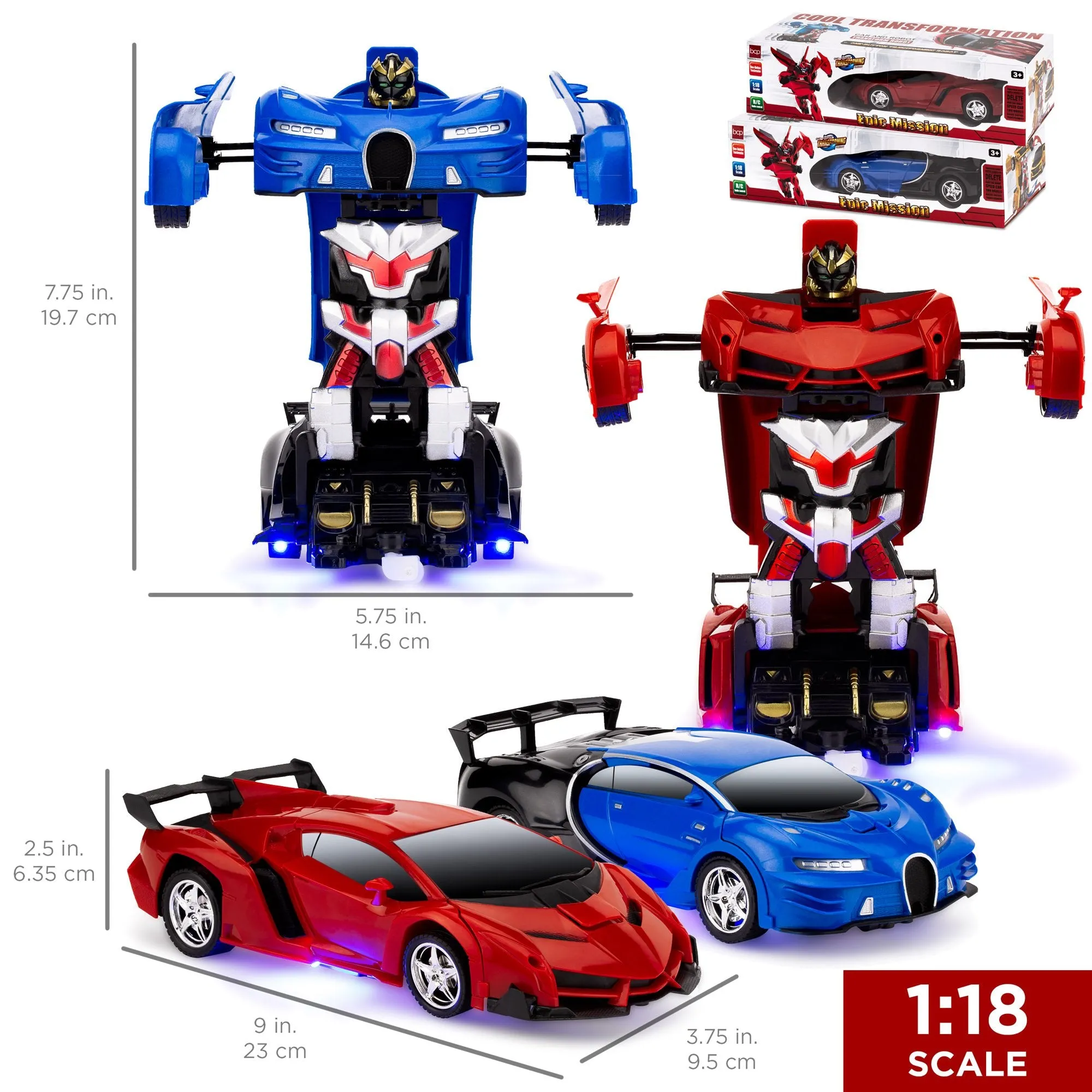 Set of 2 1/18 Scale RC Remote Control Transforming Robot Car Toys