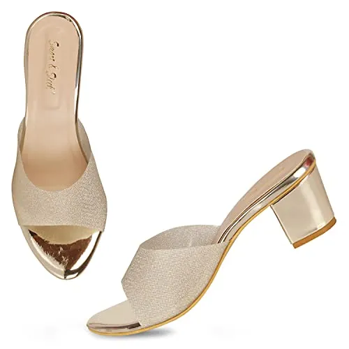 Smart & Sleek Women's Sequins Block Heels Fashion Sandals for Women & Girls latest Collection & stylish Comfortable(Gold,5)