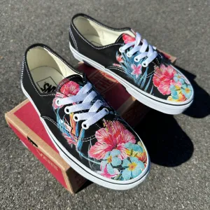 Tropical Floral Black/White Vans Authentic Lace Up Shoes