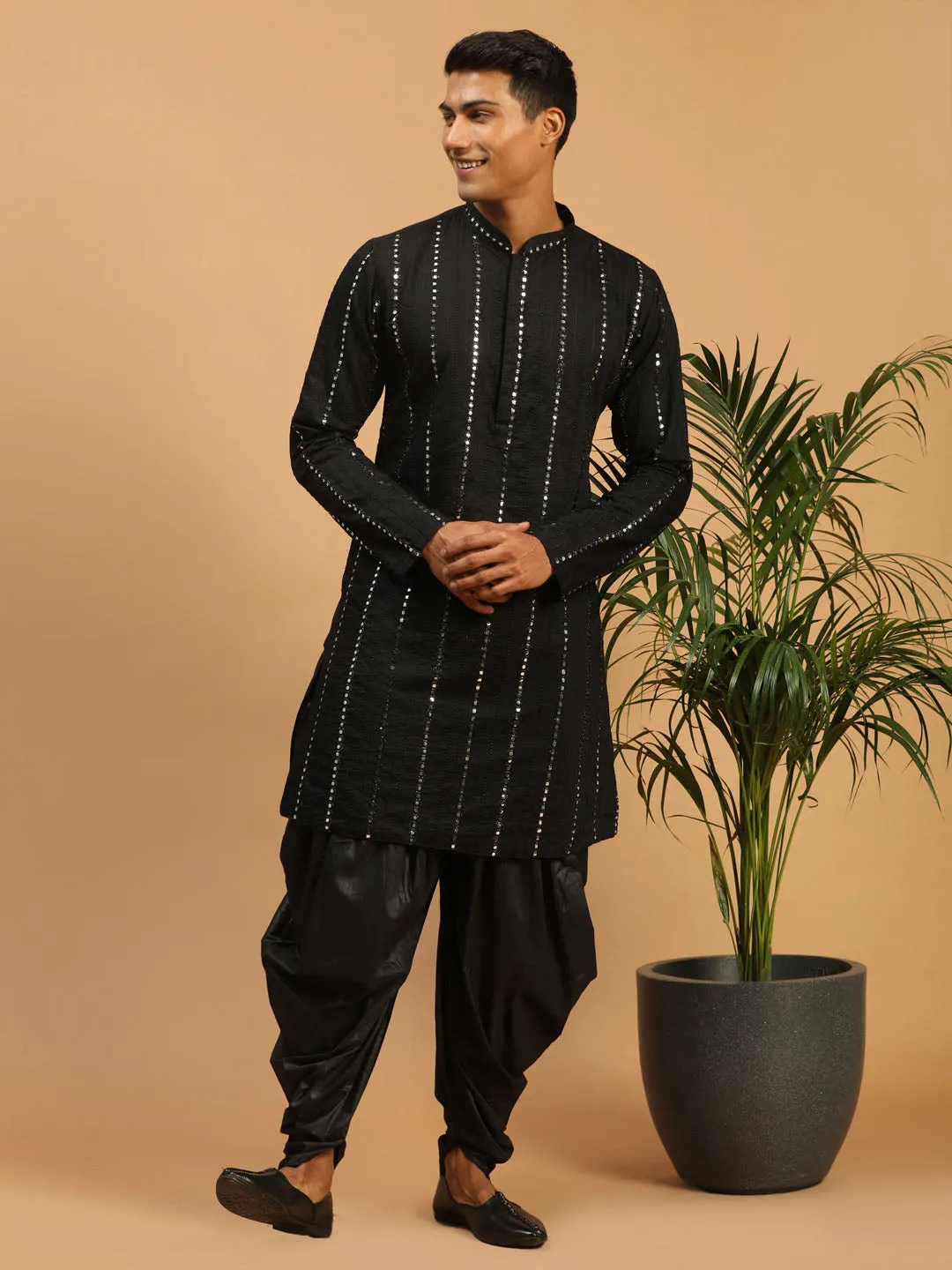 Vastramay Black Mirror Work Kurta Dhoti Set