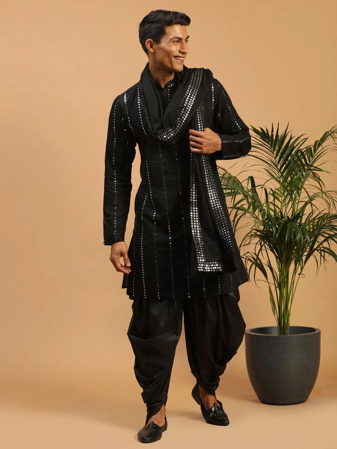 Vastramay Black Mirror Work Kurta Dhoti Set