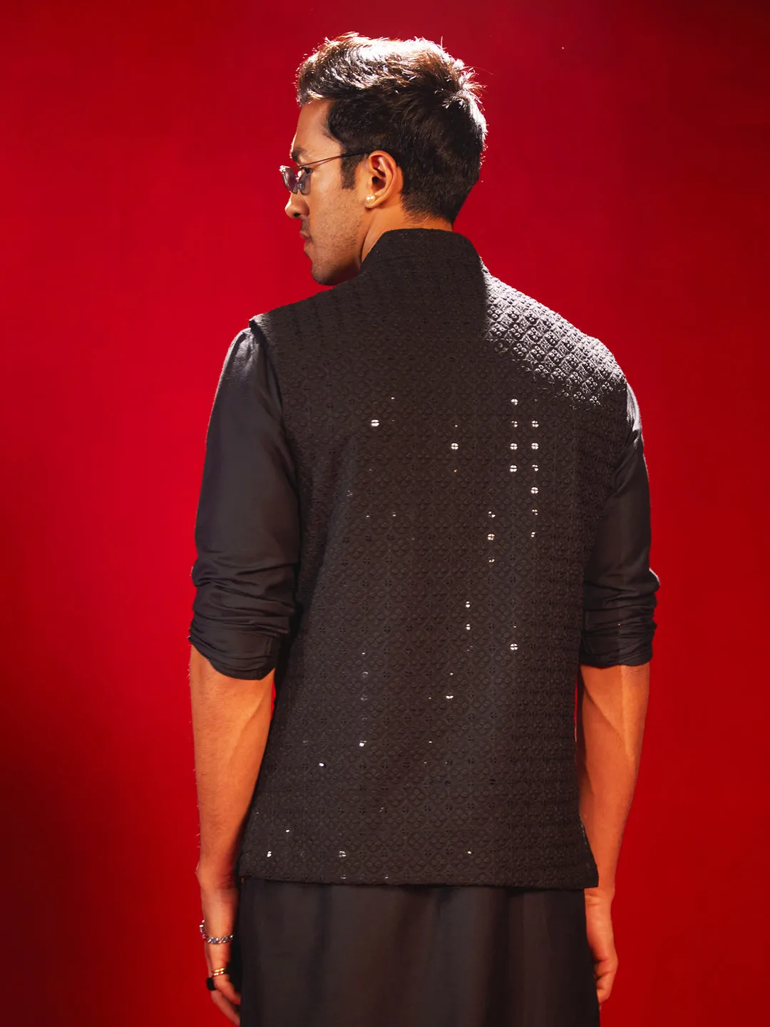 VASTRAMAY Black Schiffli Nehru Jacket