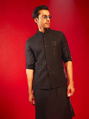 VASTRAMAY Black Schiffli Nehru Jacket