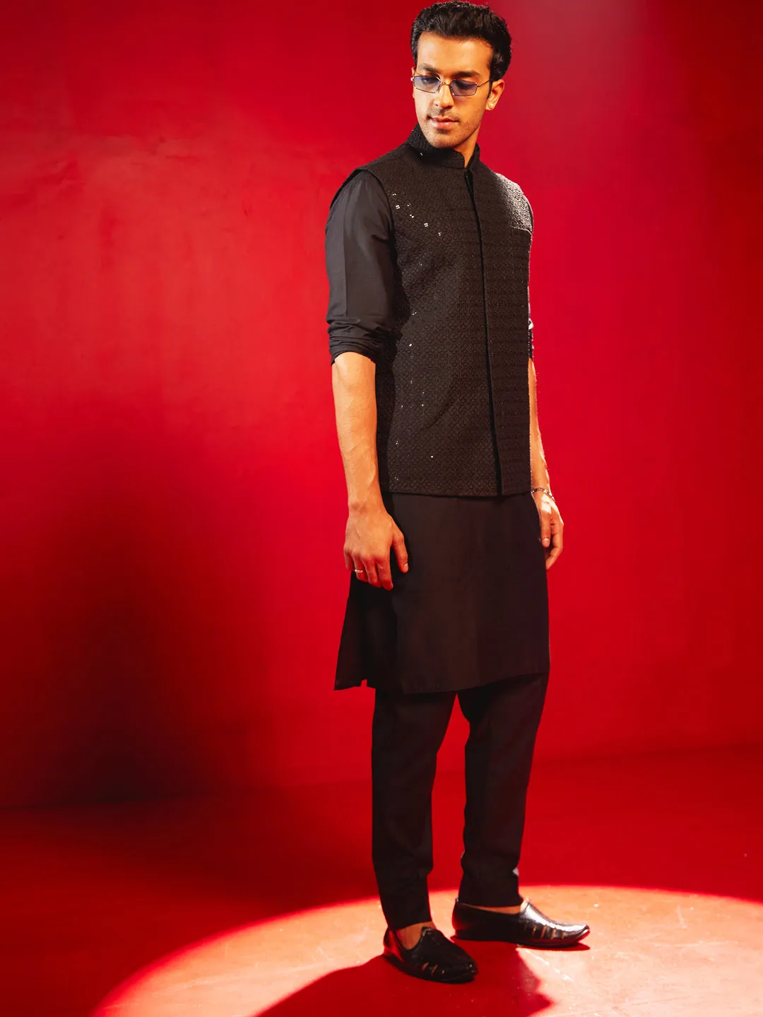 VASTRAMAY Black Schiffli Nehru Jacket