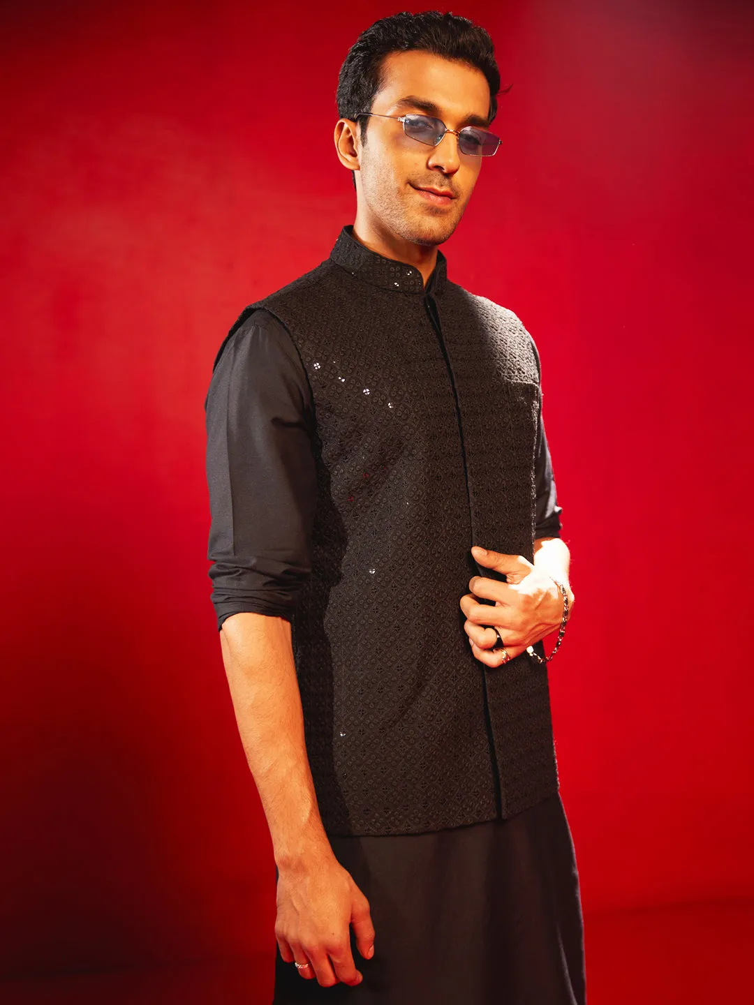 VASTRAMAY Black Schiffli Nehru Jacket