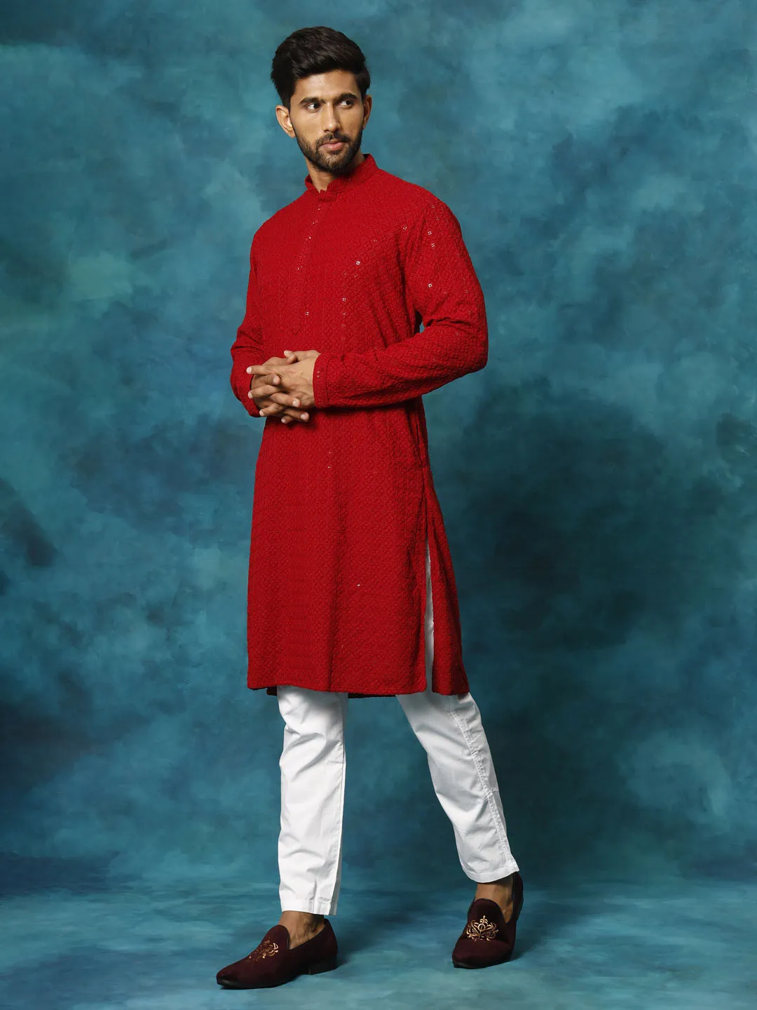 Vastramay Maroon Rayon Schiffli Kurta